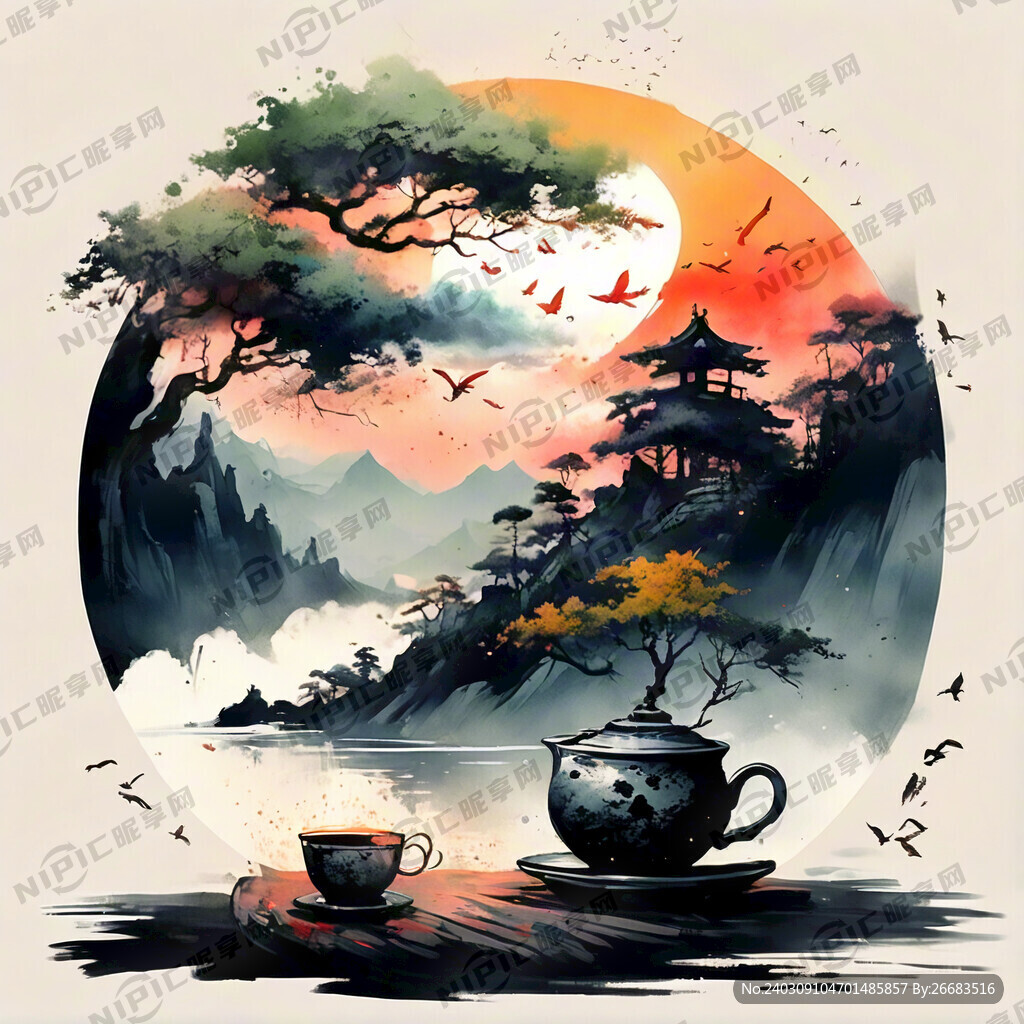 中国画 茶山 一棵树 晚霞