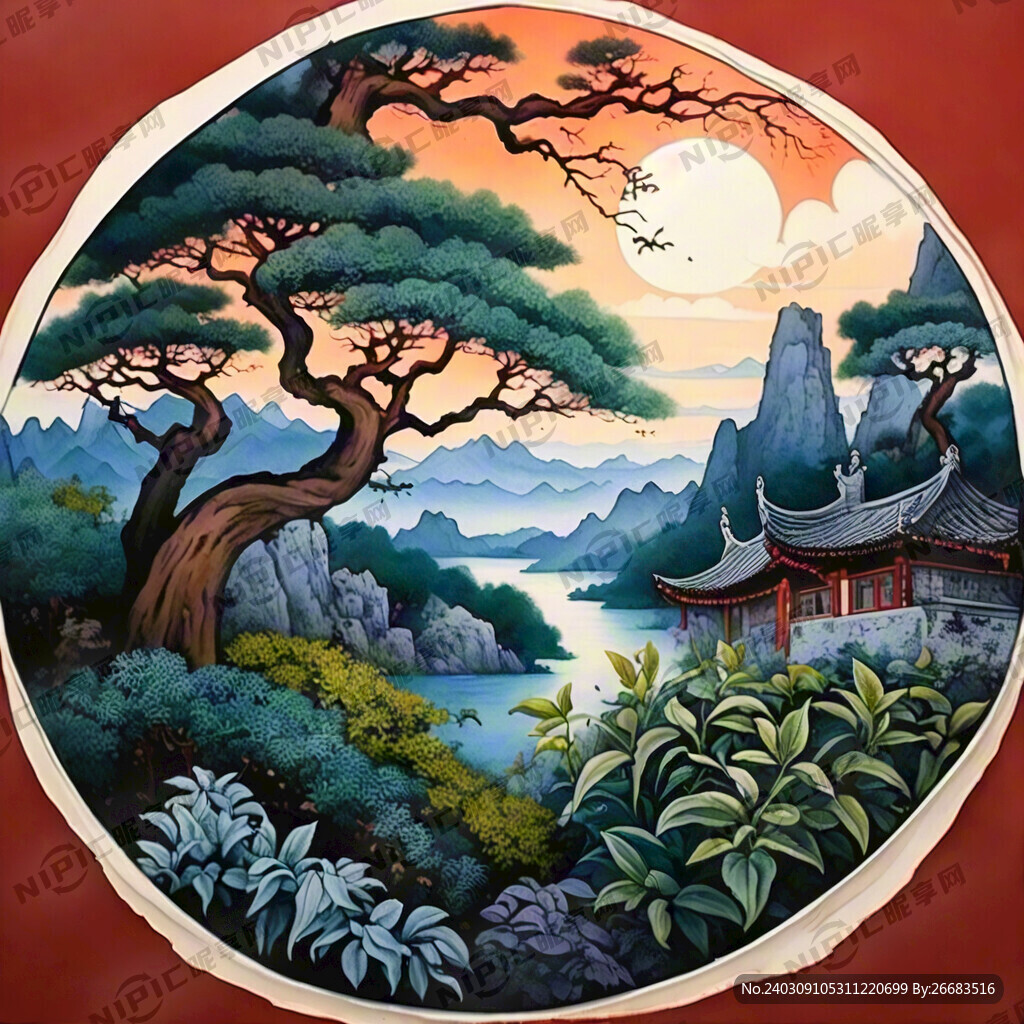 中国画 成片茶树 晚霞
