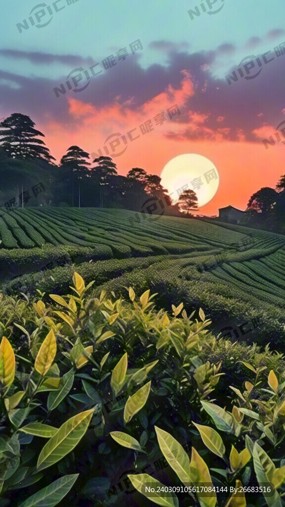 成片茶树 晚霞