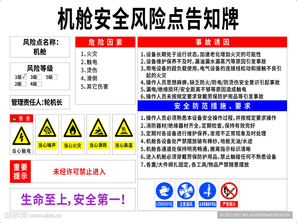 船舶机舱安全风险点告知牌