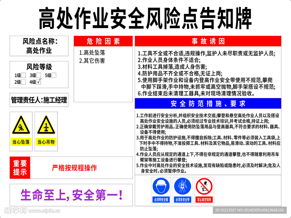 高处作业安全风险点告知牌