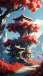 游戏梦幻唯美新中式风景，超高清，细节刻画，满天草莓和蓝莓，飘渺电影般环境，明亮清晰