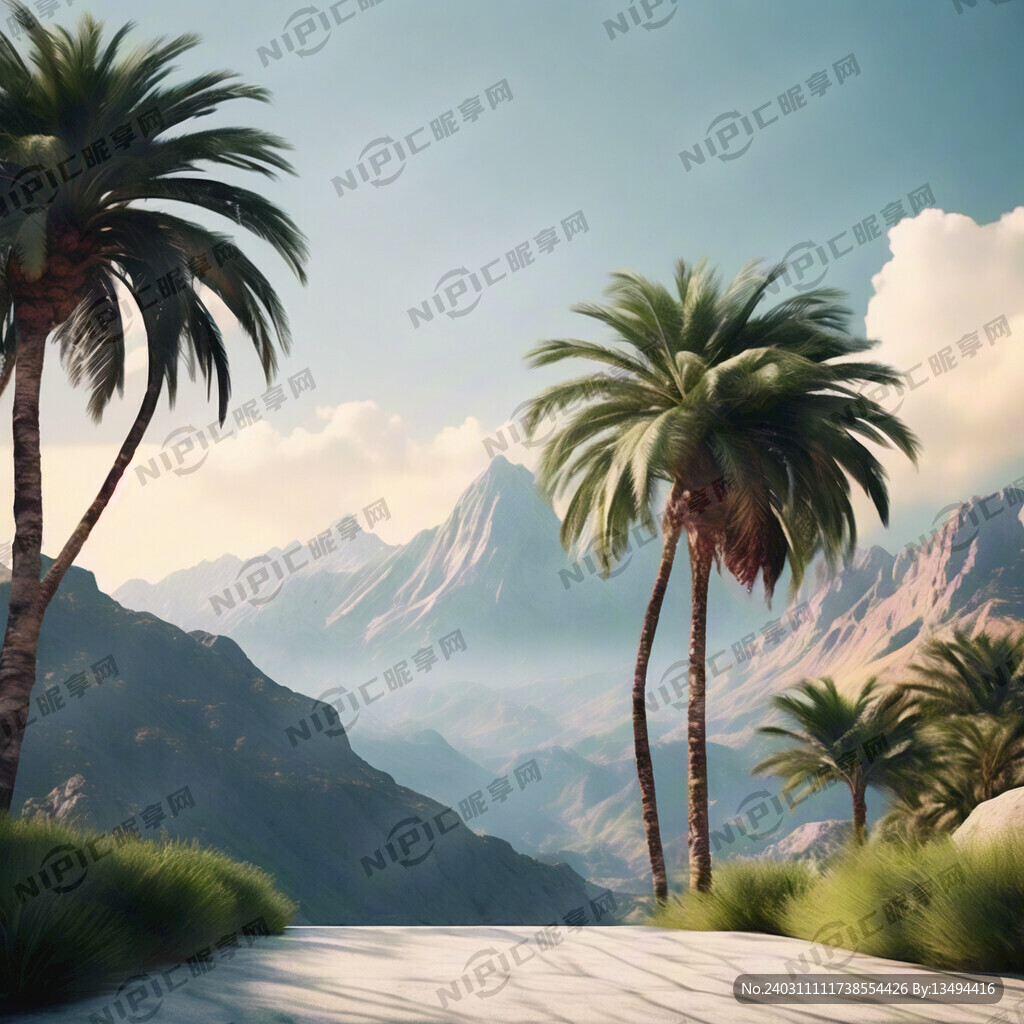 简约时尚风景 棕榈树 远山