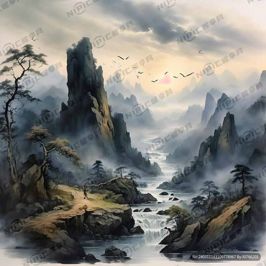 山谷 中国风 中国画 山水