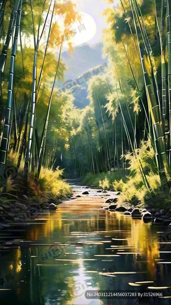 竹林 河流 蓝天 金色