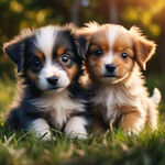 两只可爱的小狗在草地上