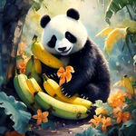 可爱卡通熊猫 吉祥物 手绘绝美壁纸  明亮插画  国潮风格式 中特写 香蕉林