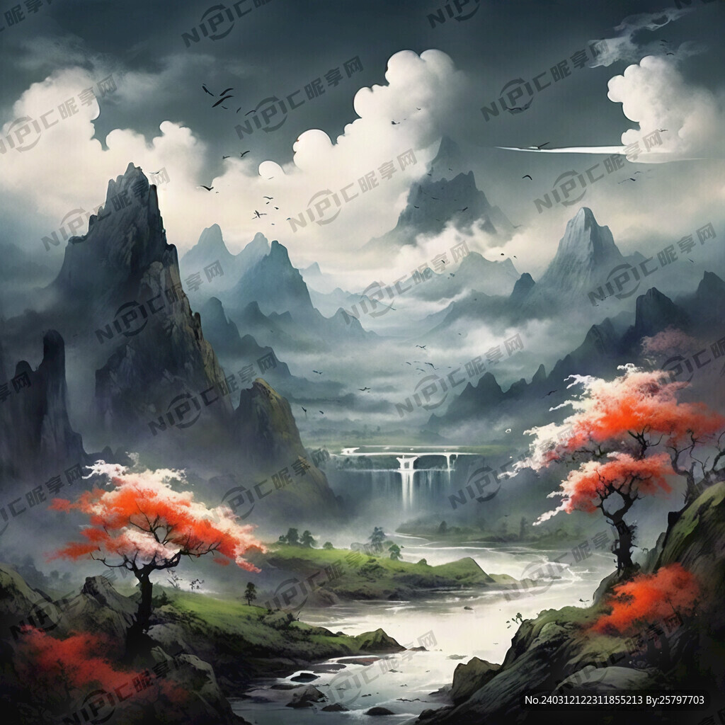 山谷 中国风 中国画 山水