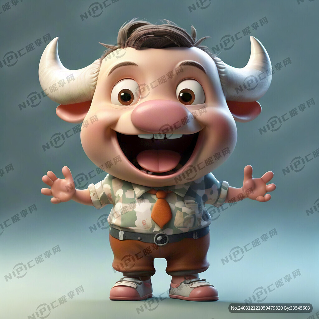 卡通儿童身体卡通牛头 微笑