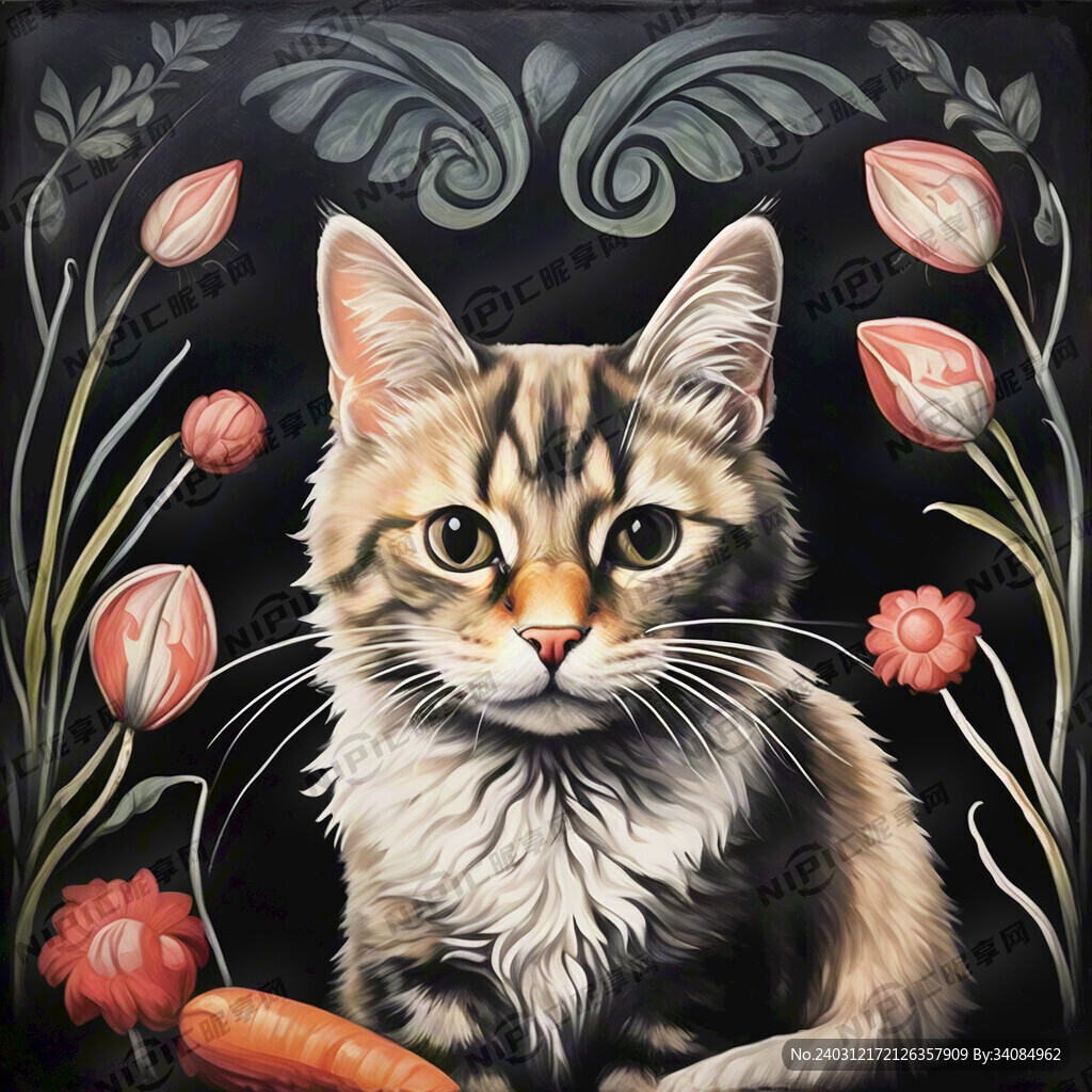 单色背景 厚涂 猫 正面