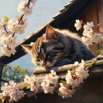 一只猫睡在屋檐上　春分　燕子　从房檐里伸出的樱花，樱花掉落