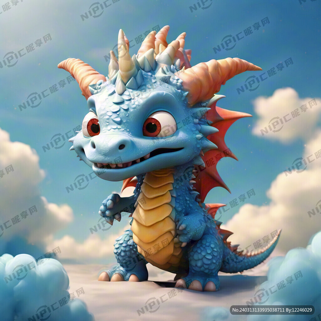 卡通儿童龙角蓝天云朵