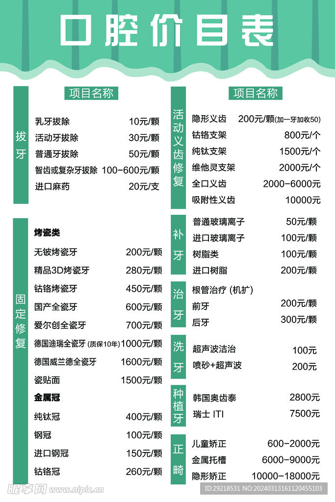 口腔价目表