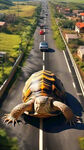 鸟瞰图，一条公路三条车道，左边是一只乌龟，中间是一条蜗牛，右边是一辆轿车