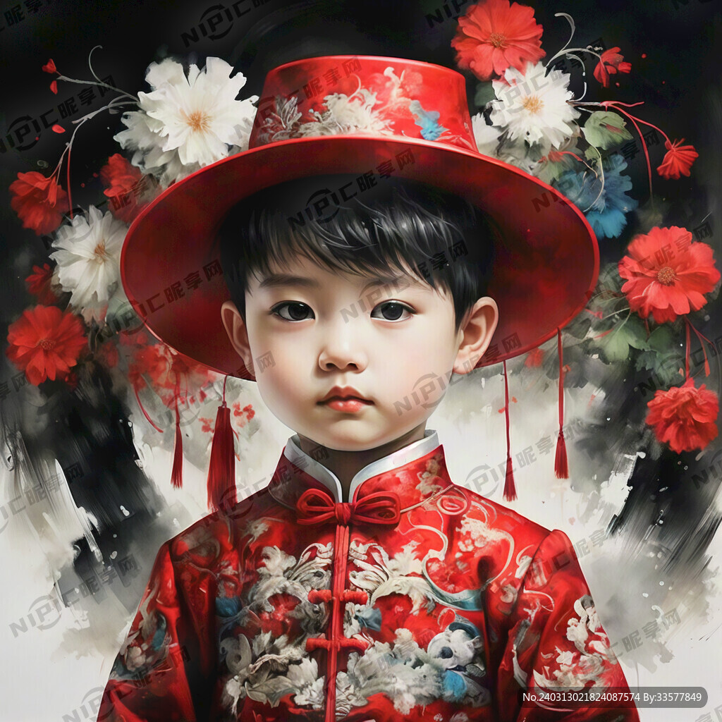 红色中国传统花纹服饰男孩 