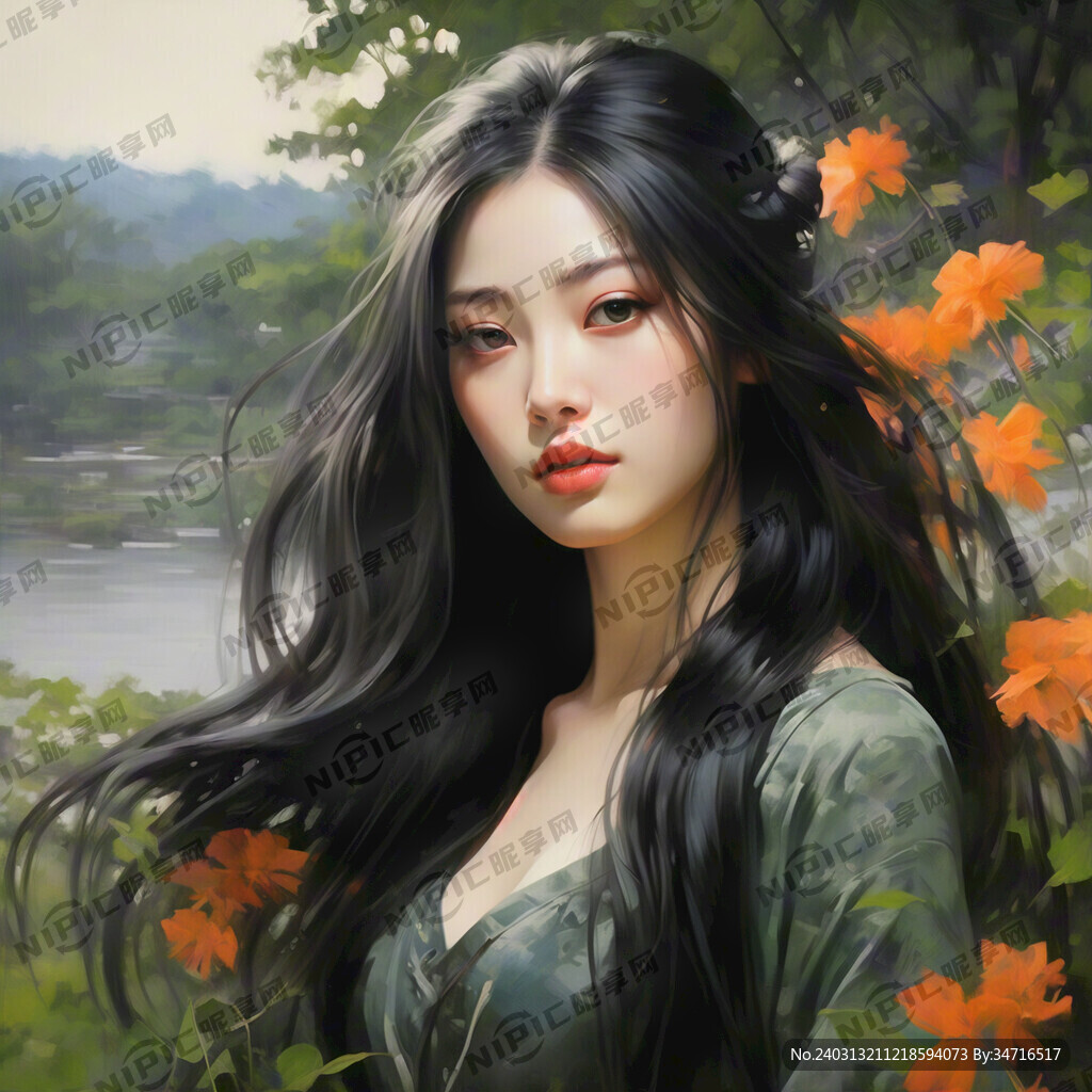 现代黑色长发美女