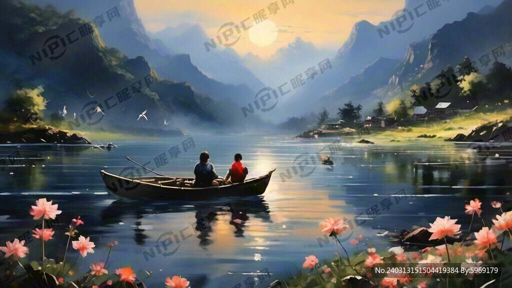 远山黛 近水蓝 泛舟上 渔晚归