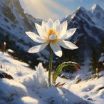 画一朵雪莲花，开在雪山之巅，洁白高雅，圣洁独立，清晨阳光挥洒在花与雪地之上。要求高清