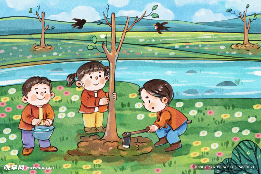 手绘植树节之儿童种树可爱插画