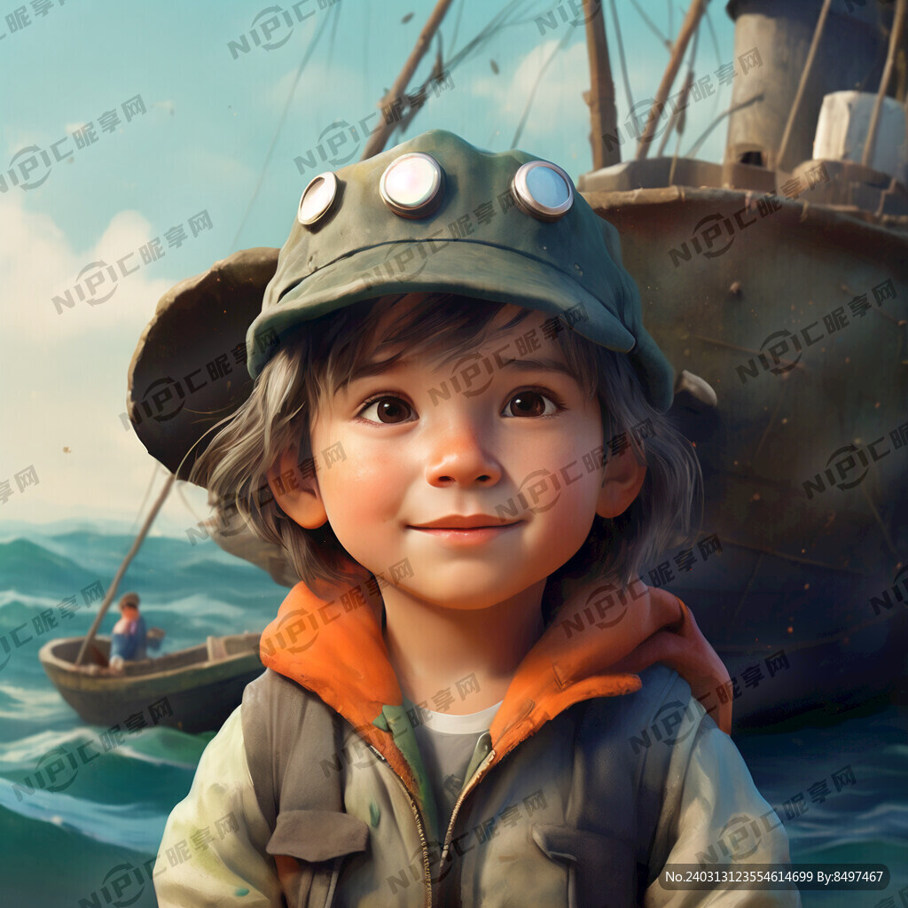 卡通小朋友 渔民造型 戴着帽子