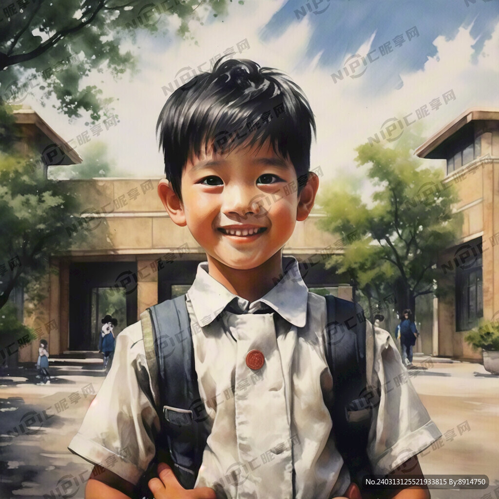 校园门前 小学生 欢乐 水墨