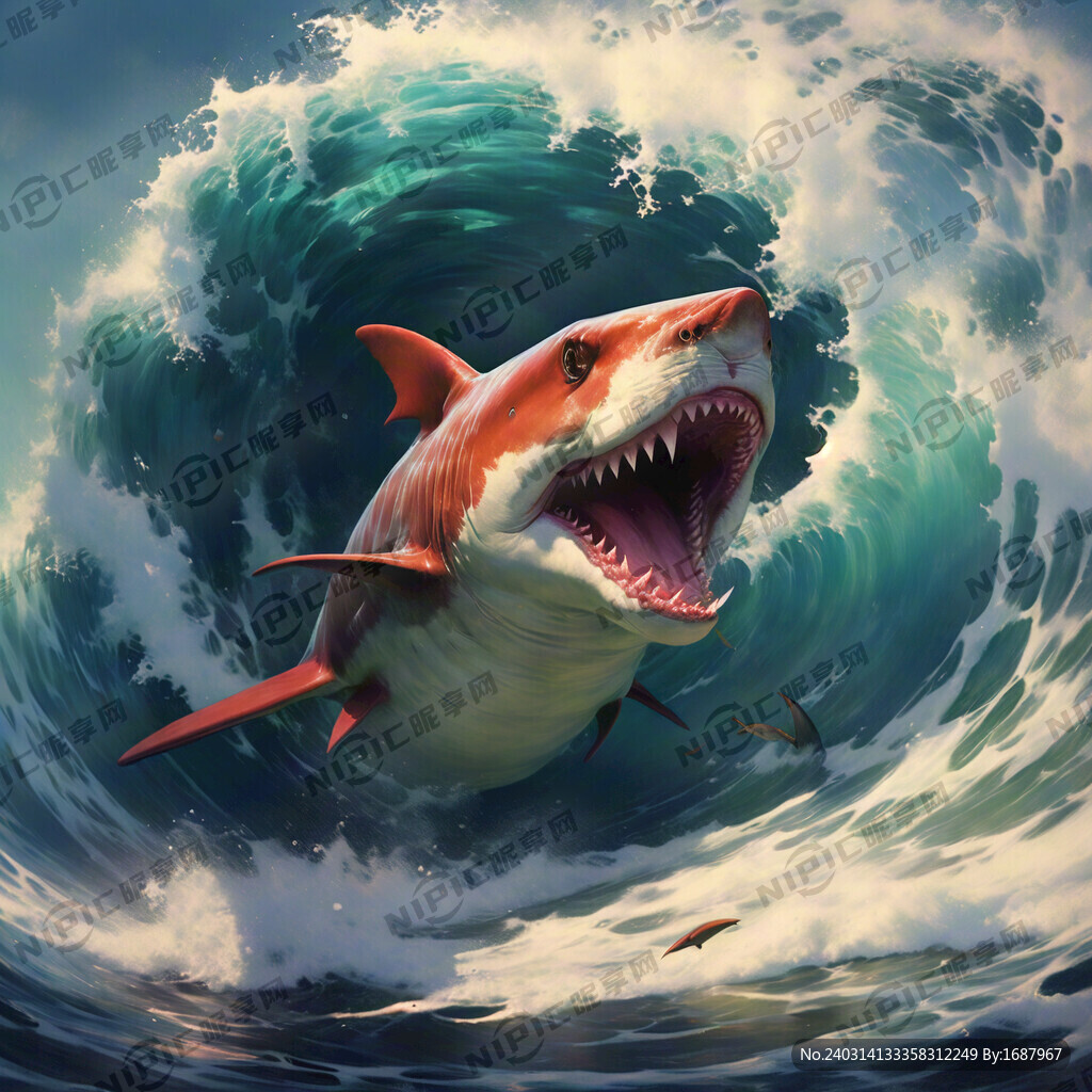 海浪 海底 鲨鱼骑着猫