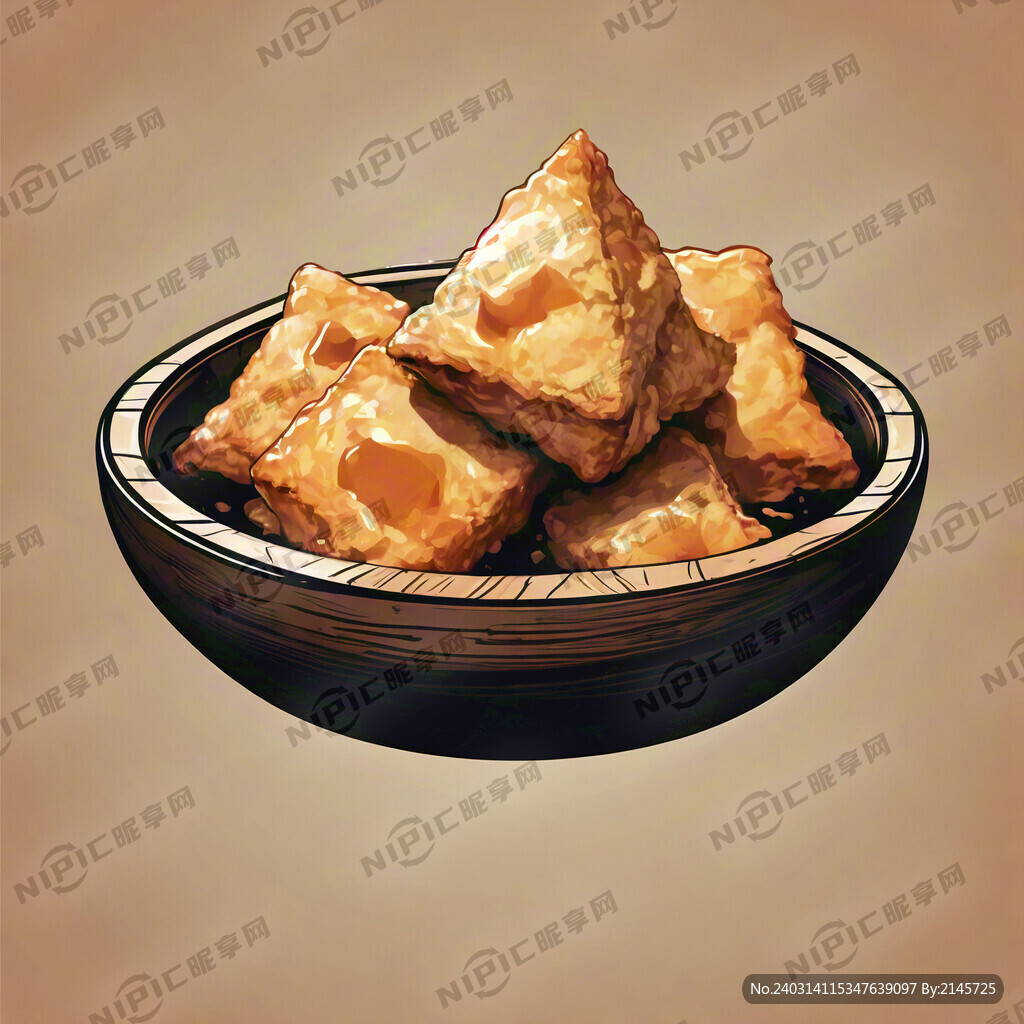 油炸三角豆腐 木碗 矢量画风