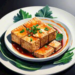 油煎豆腐，白色盘子，蔬菜叶子，大豆
矢量画风