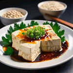 油煎豆腐，白色盘子，蔬菜叶子，没有汤汁，大豆