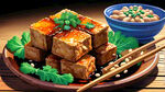 油炸焦豆腐，大豆，木盘子，蔬菜，矢量风格