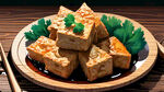 油炸三角豆腐，大豆，木盘子，蔬菜，矢量风格