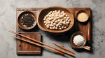 木板桌面，大豆，筷子，矢量风格