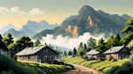 绿色的山脉，山下有一座房子，房子长得像茶叶叶子，画面左上角写有书法字体  杨公山 ，画面中间写主标题为  明前翠芽。