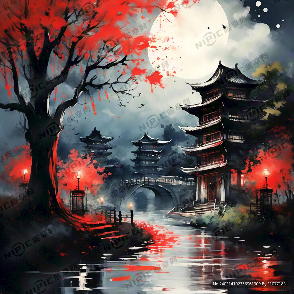 红灯笼 夜晚 古楼