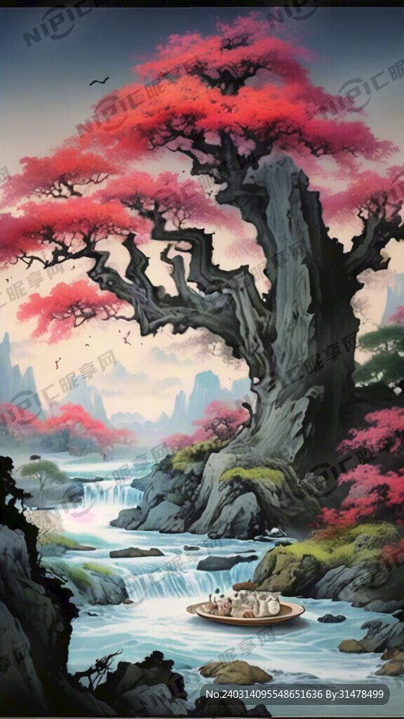 山水秀丽 祥云 饮茶 流水