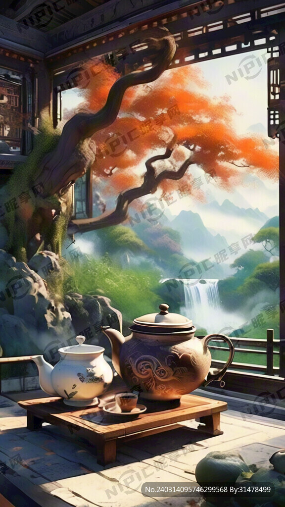 山水秀丽 祥云 饮茶 流水