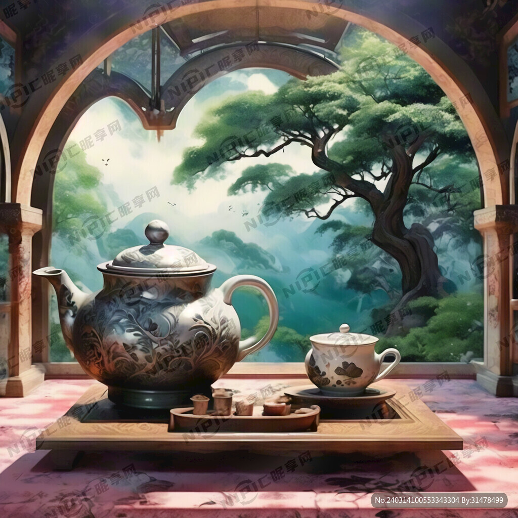 山水秀丽 祥云 饮茶 流水