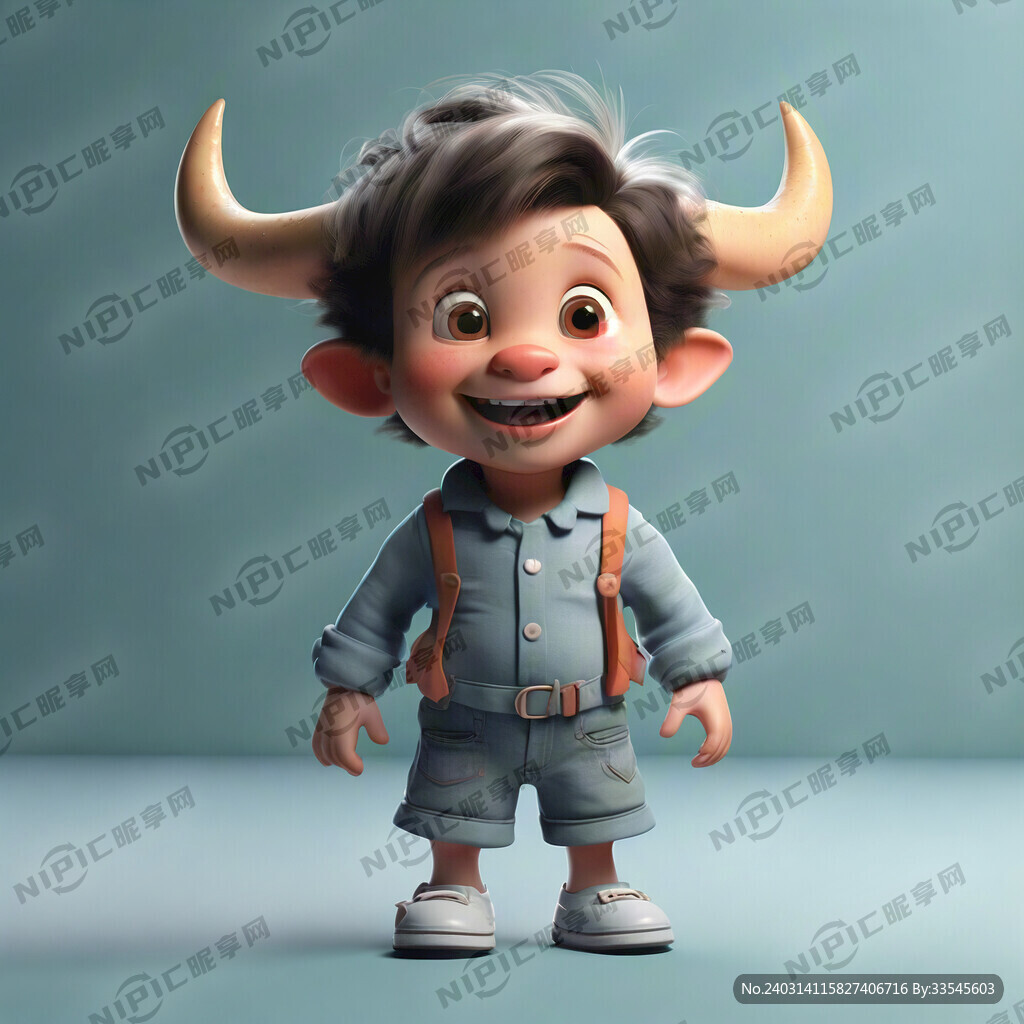 小孩身体 可爱微笑 卡通牛头
