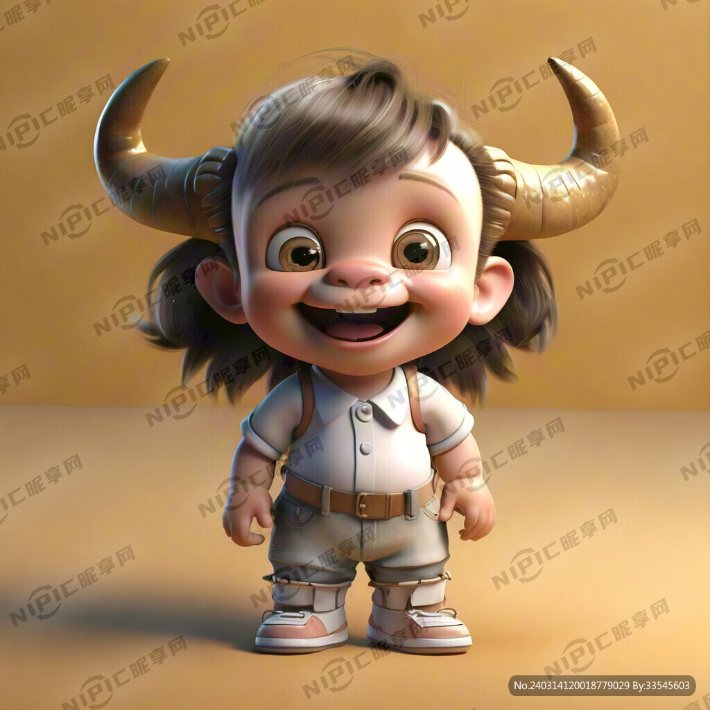 小孩身体 可爱微笑 卡通牛头