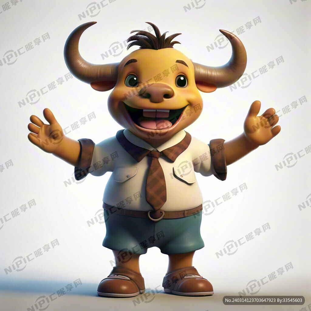 卡通牛头 卡通小孩身体 打招呼