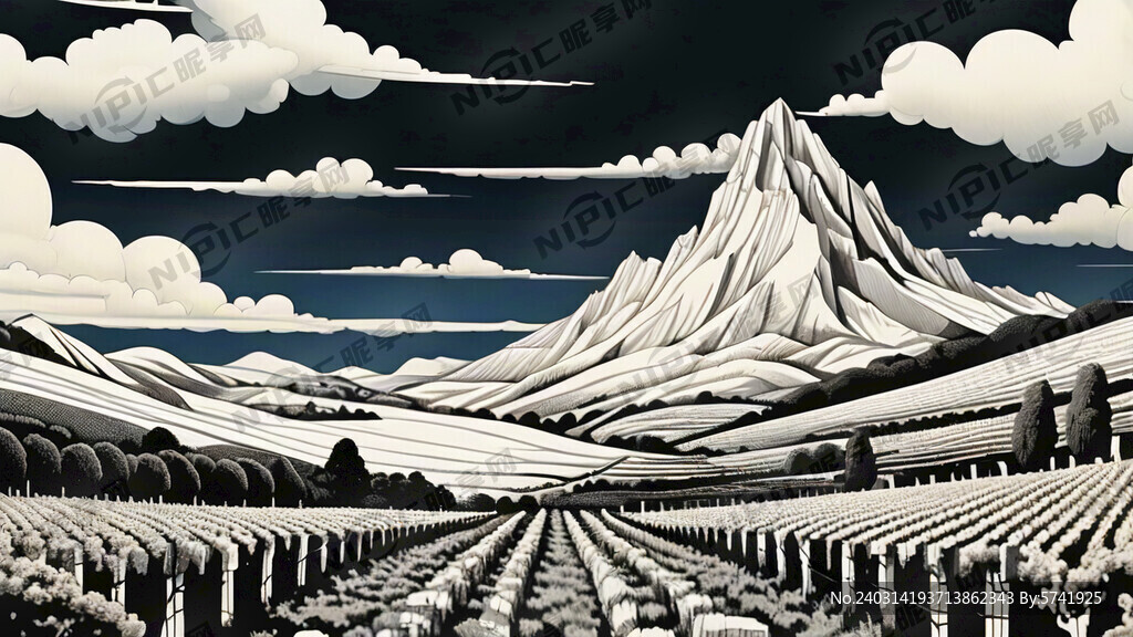 勾勒线条的山和葡萄园意境图