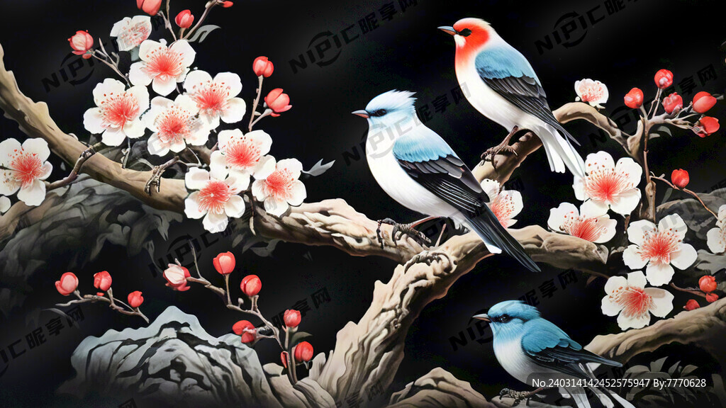纸稿 黑白 白描 梅花 鸟