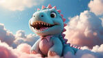 淡蓝色的天空中，可爱粉色毛绒玩具恐龙，坐在白色的云朵上，漏出脑袋