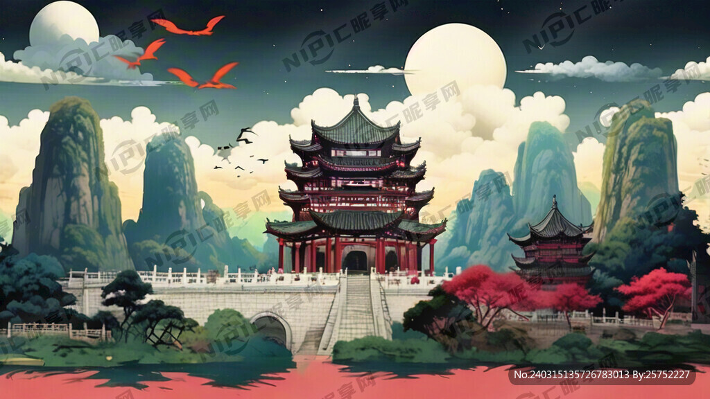 岳阳楼 手绘 纯色背景