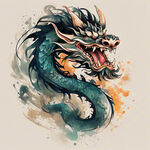 应龙，中国龙，完整长龙，全身，图腾，扁平，国风，水墨，泼墨，简约，浅色背景