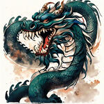 应龙，中国龙，完整长龙，全身，图腾，扁平，国风，水墨，泼墨，简约，浅色背景
