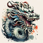 应龙，中国龙，完整长龙，全身，图腾，扁平，国风，水墨，泼墨，简约，浅色背景