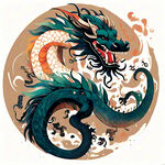 应龙，中国龙，完整长龙，全身，图腾，扁平，国风，水墨，泼墨，简约，浅色背景