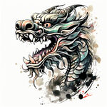 应龙，中国龙，完整长龙，全身，图腾，扁平，国风，水墨，泼墨，简约，浅色背景