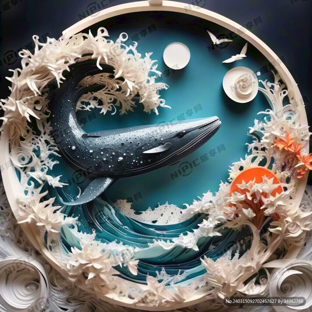 衍纸 海浪 鲸 鹏 淡雅